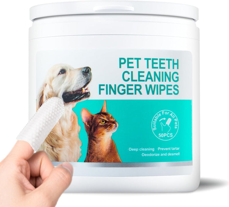 Pet Teeth Cleaning Finger Wipes，Disposable Wet Wipes 50ct，Pet Dental Finger Wipes for Dogs & Cats，Reduces Plaque and Freshens Breath, Removes Tartar