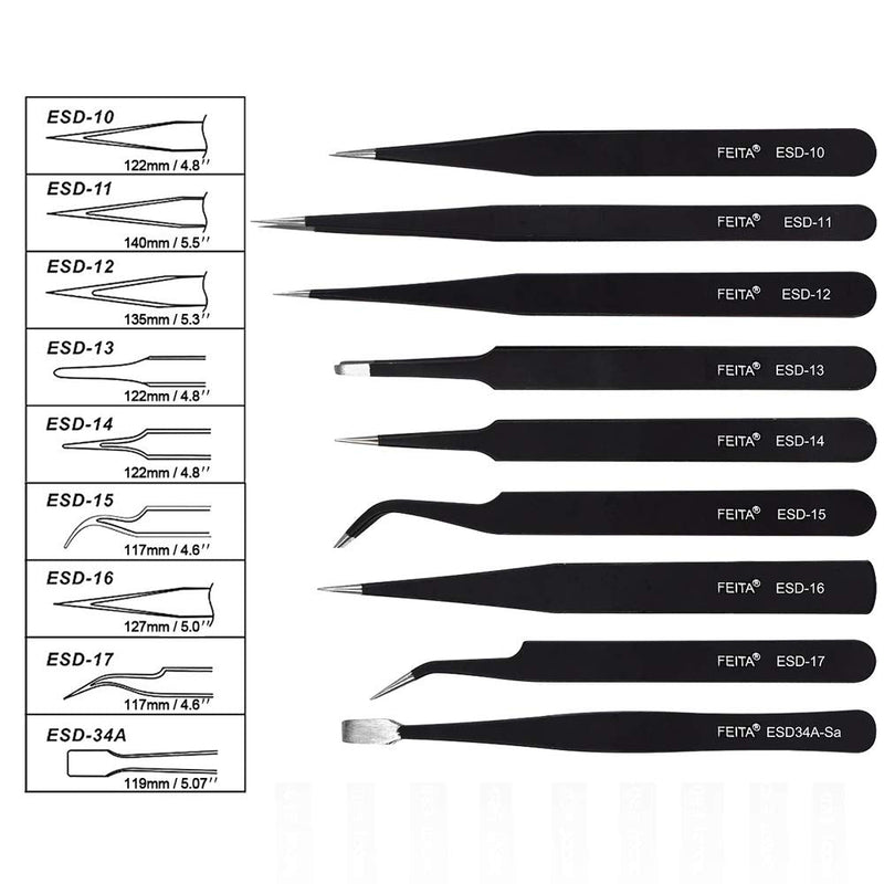 Precision Tweezer Set - FEITA Professional ESD Stainless Steel Anti static Tweezers Kit for Electronic, craft, Jewelry, Watchmakers, Hobby (Black 9 Pcs) Black Tweezers - 9pcs