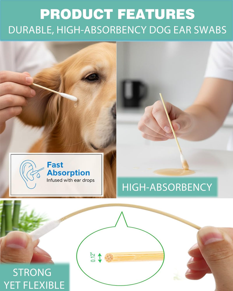 Dog Ear Cleaning Swabs 200 Count – 6 Inch Extra Long Bamboo Cotton Swabs for Dogs & Cats, Large Lint-Free Cotton Tipped Applicators for Ear Wax Removal, Tear Stains & Grooming 6" - 200 Ct (Large Box)
