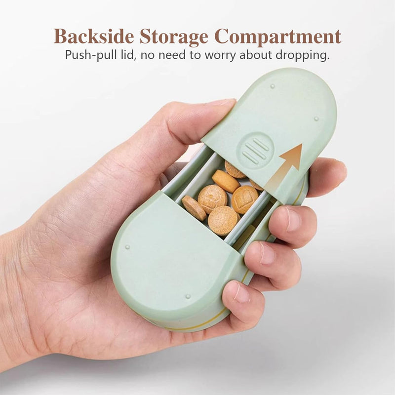 Pill Cutter Splitter for Small and Tiny Pills - Pill Cutter 1/4 - Accurately Cuts Multiple Pills - Easy Open Snap Button. Detachable Nonslip V-Shaped Pad. Wrap-Around Blade Guard. Back Storage (Cyan) Cyan