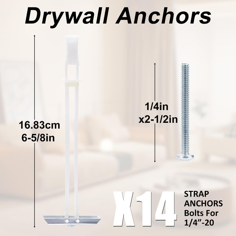 Drywall Anchor with Included Bolts for 1/4”-20 Fastener Size, Heavy Duty Hollow Drywall Anchors kit for TV Mounting, Stainless Steel Wall Anchors Holds Up to 270 Pounds Each in 1/2-in Drywall-14 Pack 1/4"-20：Pack of 14
