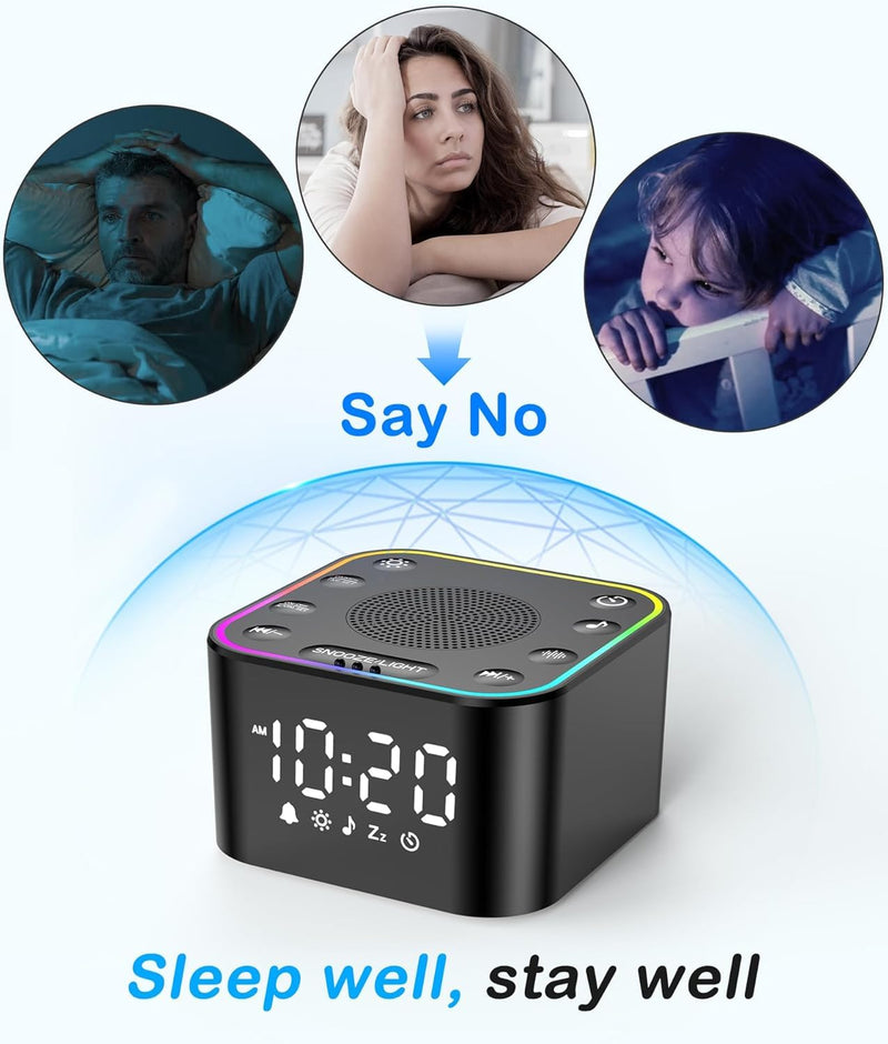 Sound Machine with Alarm Clock: 30 Non-Looping Sleep Sounds - White Noise Alarm Clock for Natural Wake Up - Adjustable Volume & Light, Memory Function, Sleep Timer (Black) Black 3.15*3.15*1.85 Inch