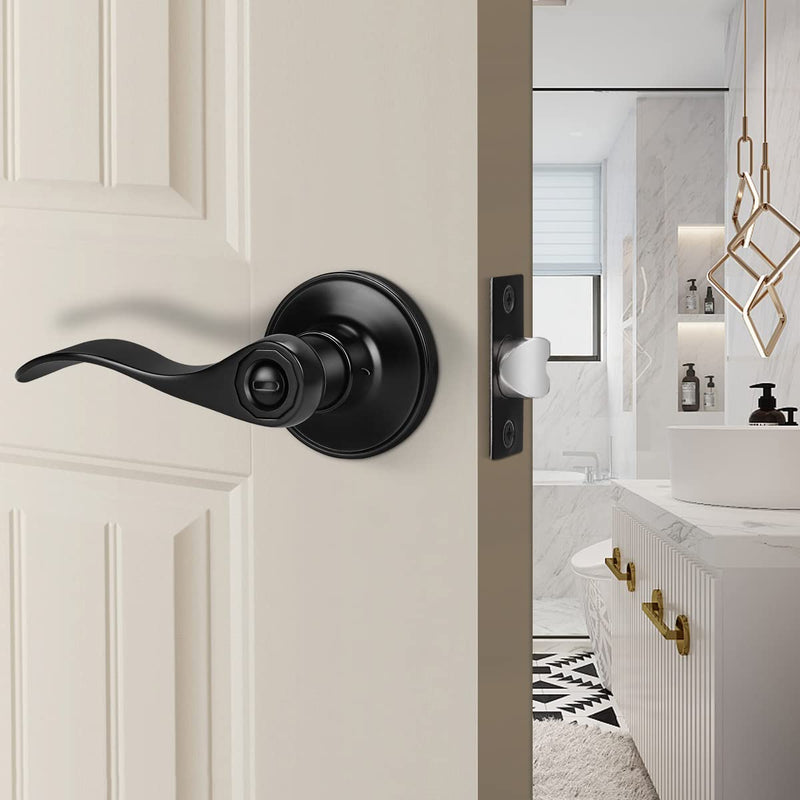 Gobrico Matte Black Privacy Door Lever Handles for Bathroom/Bedroom, 2 Pack Interior Keyless Drop Style Knobs for Left/Right-Handed Doors Privacy (Lock Without Key)