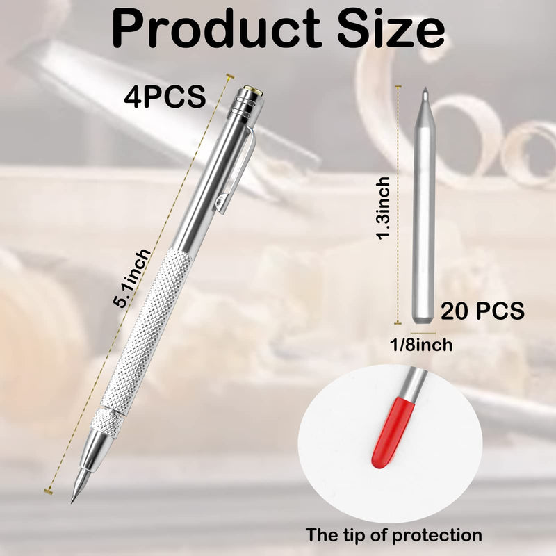 4 Pcs Tungsten Carbide Etching Tool with 20 Replacement Tips, Aluminium Carbide Engraving Pen With Clip, Metal Engraving Tool for Glass Ceramics and Hardened Steel Sheet 4pcs