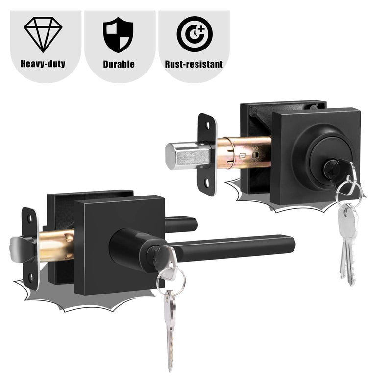 HOSOM Matte Black Entrance Door Lock Set with Single Cylinder Deadbolts, Heavy Duty Modern Sleek Square Door Handle with Lock & Keys on Both Sides