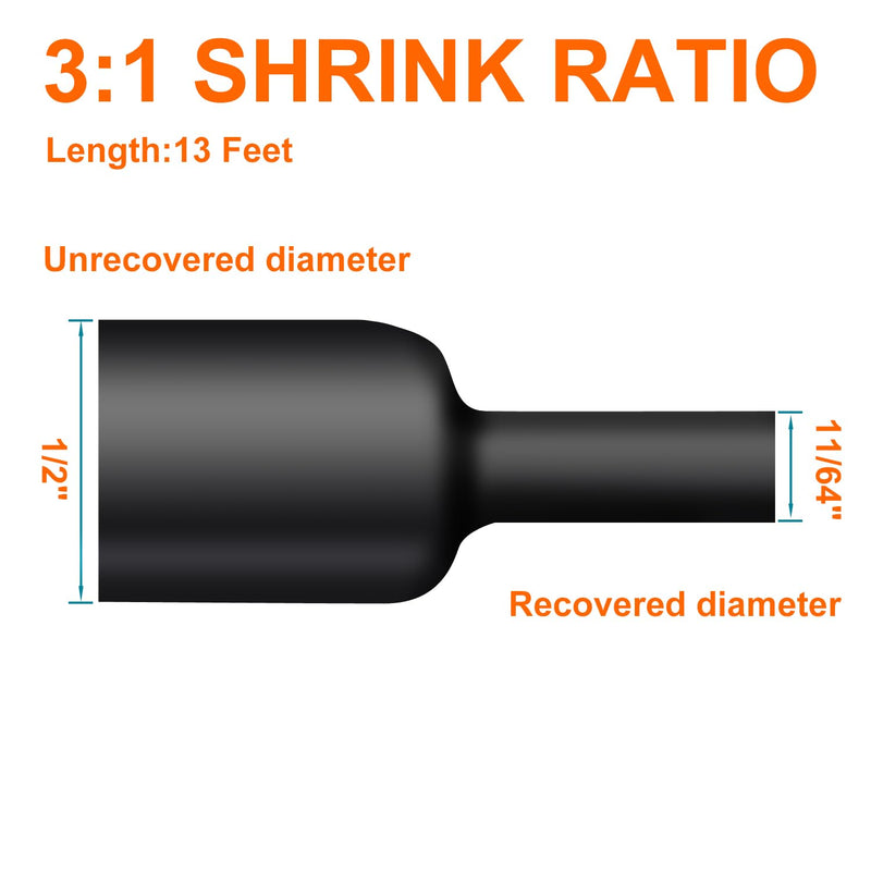 1/2 Inch Heat Shrink Tubing - 13Ft 3:1Ratio Waterproof Heat Shrink Tubin - Adhesive Lined,Dual Wall Adhesive Shrinkable Wire Wrap Tube - Black (1, Black, 1/2"(12.7mm)-13Ft)