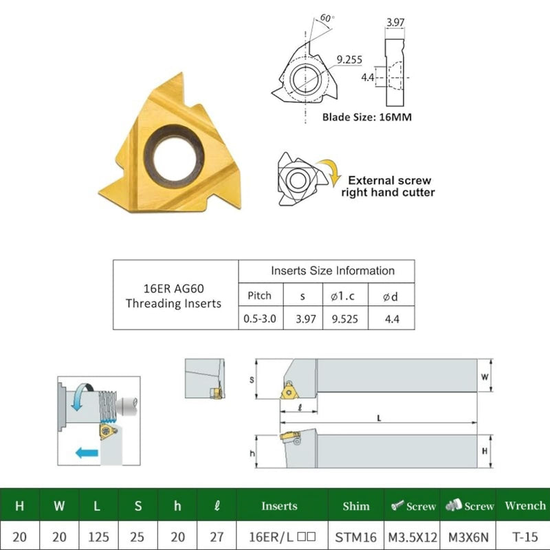 Lathe Tool Threading Solution: SER2020K16 Turning Tool Holder with Indexable Lathe Tool Threading Insert 16ER AG60 for Efficient Lathe Thread Cutting (Alloy Spring Steel 60Si2Mn) Alloy Spring Steel 60Si2Mn