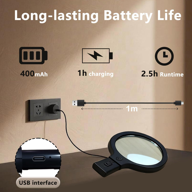 Hands-Free Magnifying Glass with Light, Rechargeable Neck Magnifier for Reading, Crafts, Cross Stitch - Adjustable Brightness for Low Vision Seniors & Close Work (White & Warm Light) White & Warm Light