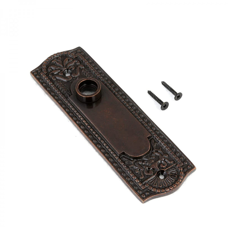 Renovators Supply Manufacturing Door Back Plate Brass 7 1/4 in. Escutcheon Cover Ornate Doorplate in Oil Rubbed Bronze Finish