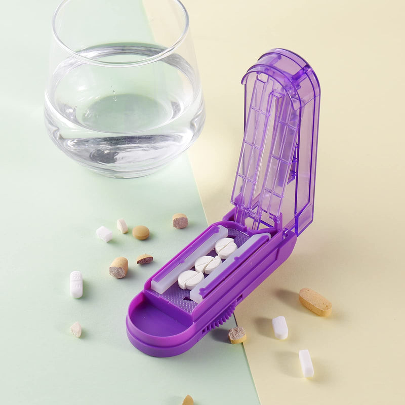 Pill Cutter Splitter for Small and Tiny Pills, Adjustable Pill Cutters for Small Tablets, Accurately Cuts Multiple Pills at Once (Sharp Blade with Safety Guard,Non-Slip Silicone Edge) Purple