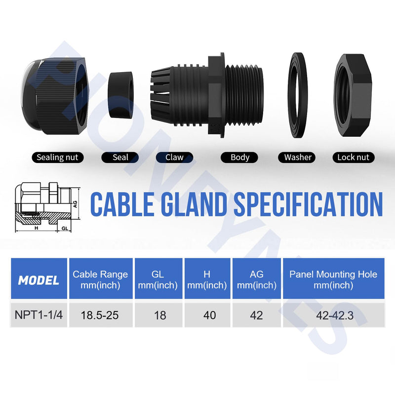2PCS 1-1/4'' NPT Cable Gland Waterproof Adjustable 18.5-25mm/0.73-0.98inch Nylon Cable Glands Joints with Gaskets (1-1/4", 2PCS) 1-1/4'' NPT 2pcs