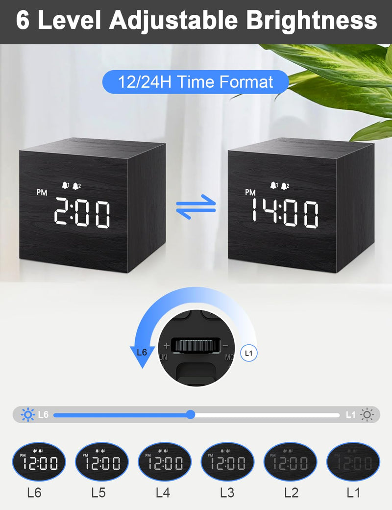 JALL Digital Alarm Clock, with Wooden Electronic LED Time Display, 3 Alarm, 2.5-inch Cubic Small Mini Wood Made Electric Clocks for Bedroom, Bedside, Desk, Black