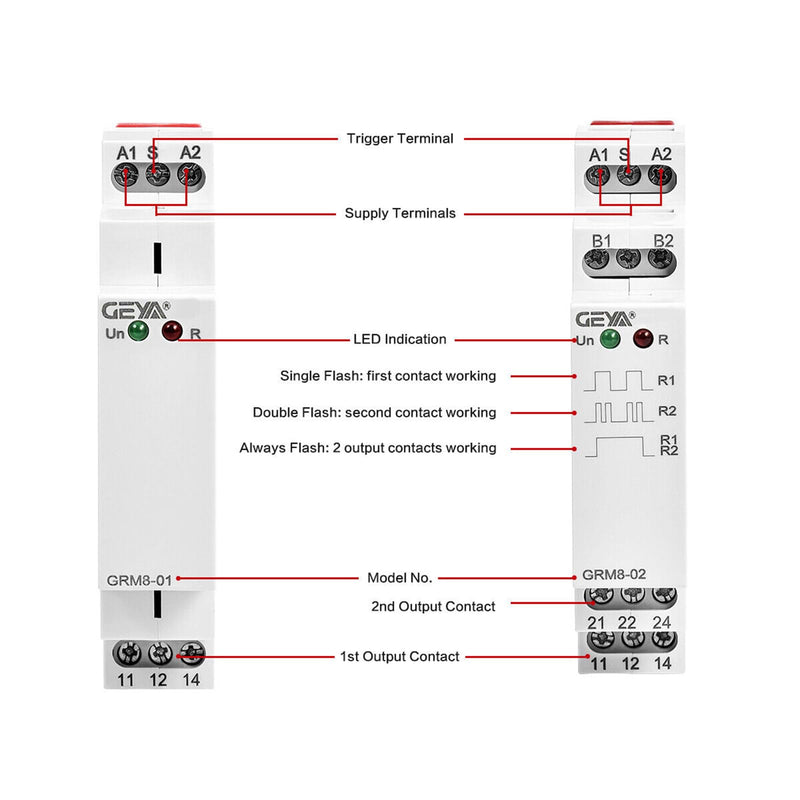 GEYA Electronic Latching Relay Memor Impulse Relay SPDT 16A Wide Range Voltage Din Rail Mounted(GRM8-02,AC/DC12V~240V) AC/DC12V~240V GRM8-01