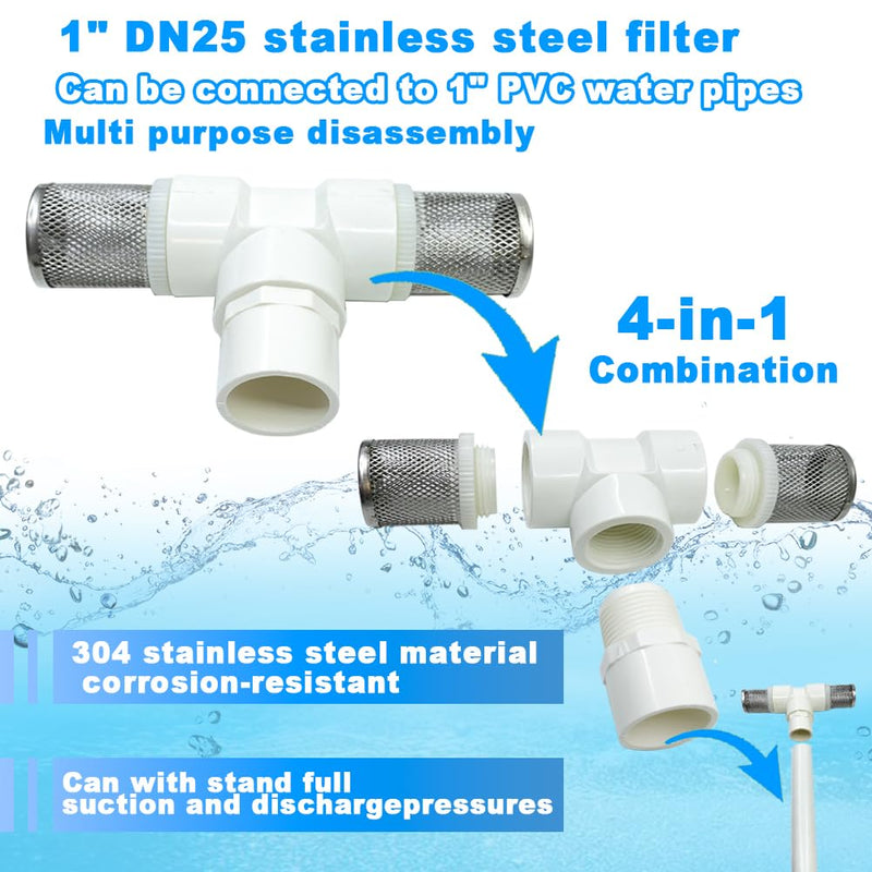 1" T Strainers Steel Filter Cover Connected to 1" PVC DN25 Water Pipe, Suction Hose 1 inch T Strainer Used to Remove Debris and Reduce Solid Entry 1"DN25