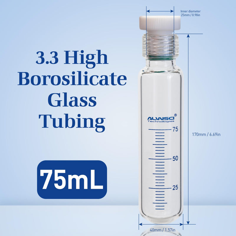 ALWSCI 75ml 3.3 Borosilicate Pressure Vessel with PTFE Seal Plug for Lab | Heavy Wall Cylindrical, 40*170mm, Leak-proof, Excellent Thermal Stability, Withstand pressure: 87psi 2.5 Ounces