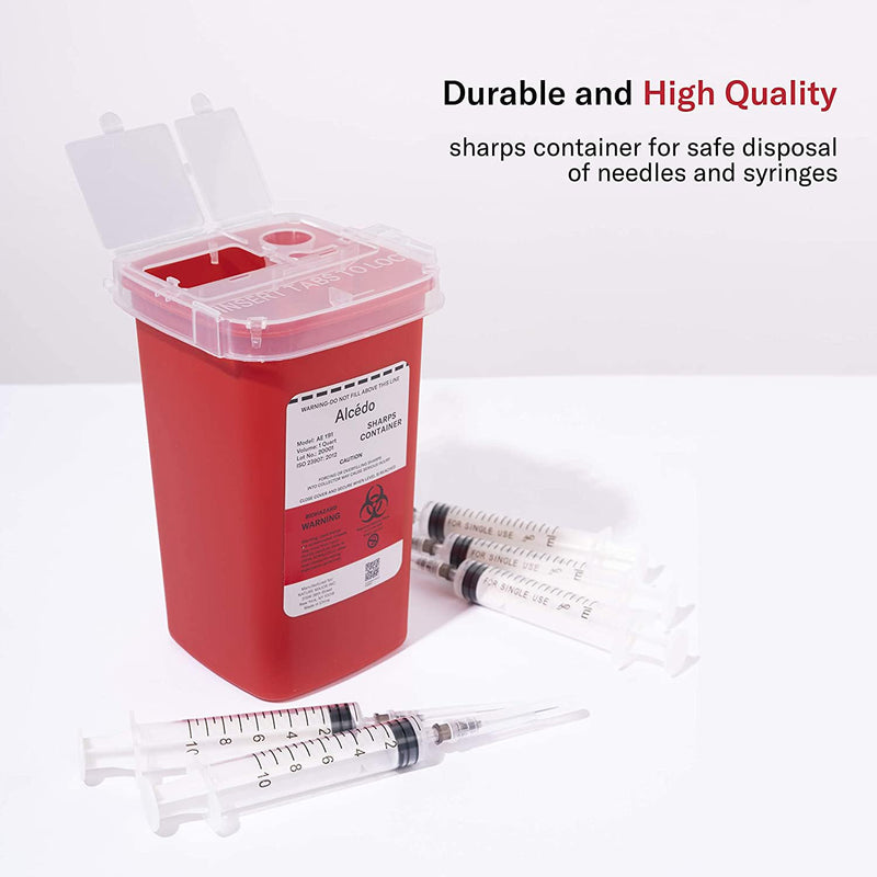 Alcedo Sharps Container for Home Use 1 Quart (1-Pack) | Biohazard Needle and Syringe Disposal | Small Portable Container for Travel and Professional Use
