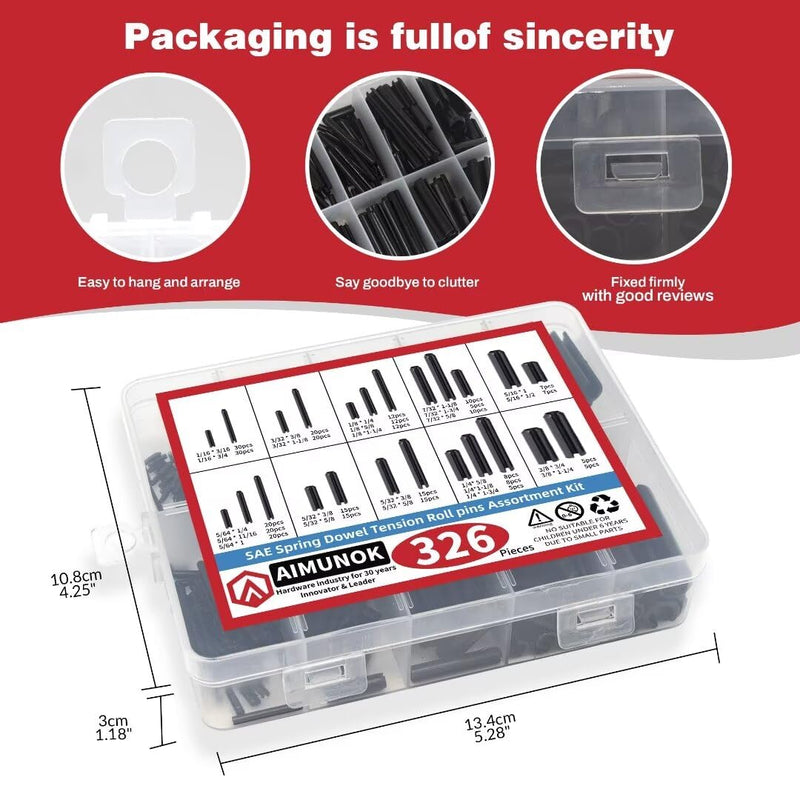 326PCS Roll Pin Set - 24 Sizes Spring Dowel Tension Roll Pins - 1/8 1/4 3/8 1/16 5/64 3/32 5/16 5/32 7/32 Split Expansion Pin Assortment Kit for Home Improvement… 326pcs SAE Roll Pins