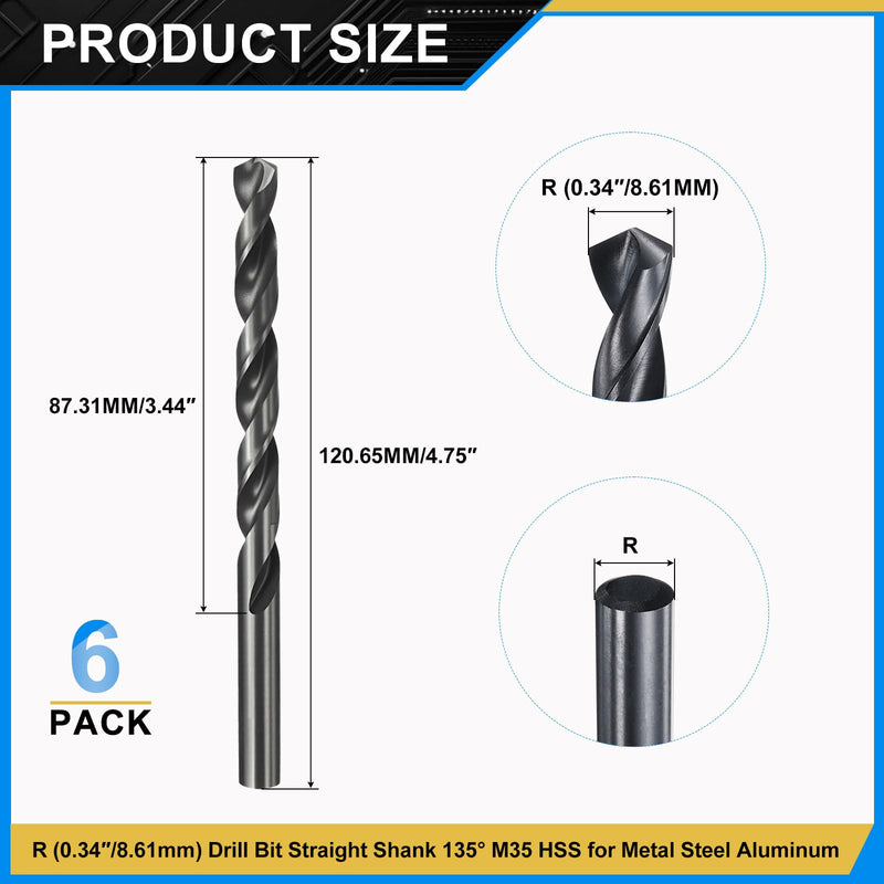 PATIKIL Letter R Drill Bit, M35 Cobalt 5% High-Speed Steel Jobber Straight Shank 135° Nitriding Black for Stainless Steel Hard Metal - 6 Pack