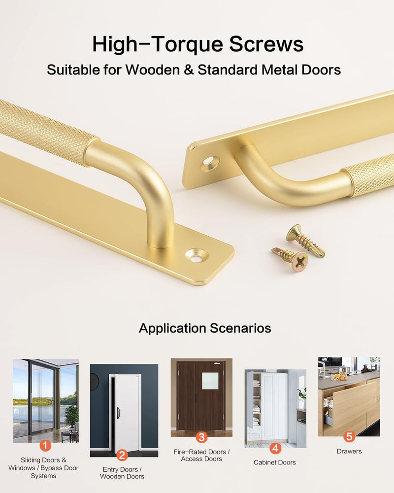 2 Pack Sliding Door Handles Gold 8.4 Inch Barn Door Handles Flat Cabinet Pulls Aluminum Outdoor Gate Handle Bifold Door Pull Dressers Pulls(Gold with Screw, 8.4 inch) gold with screw 2