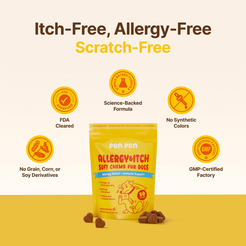 PENPEN Dog Allergy Relief Chews, Dog Itching Skin Relief, Omega 3 for Dogs Itch Supplement, Relieve Seasonal Allergy, Provide Immune Support (Peanut Butter Chews, 50ct) 50 Chews