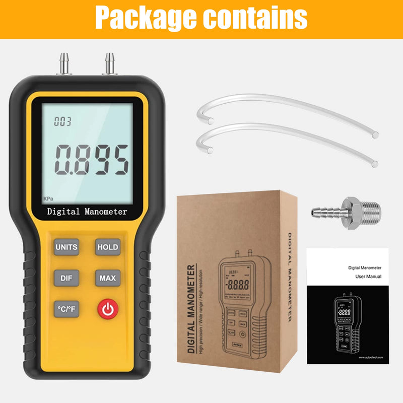 Manometer, Professional Air Pressure Meter, Dual-Port HVAC Digital Manometer Gas Pressure Tester,12 Selectable Units Differential Pressure Gauge