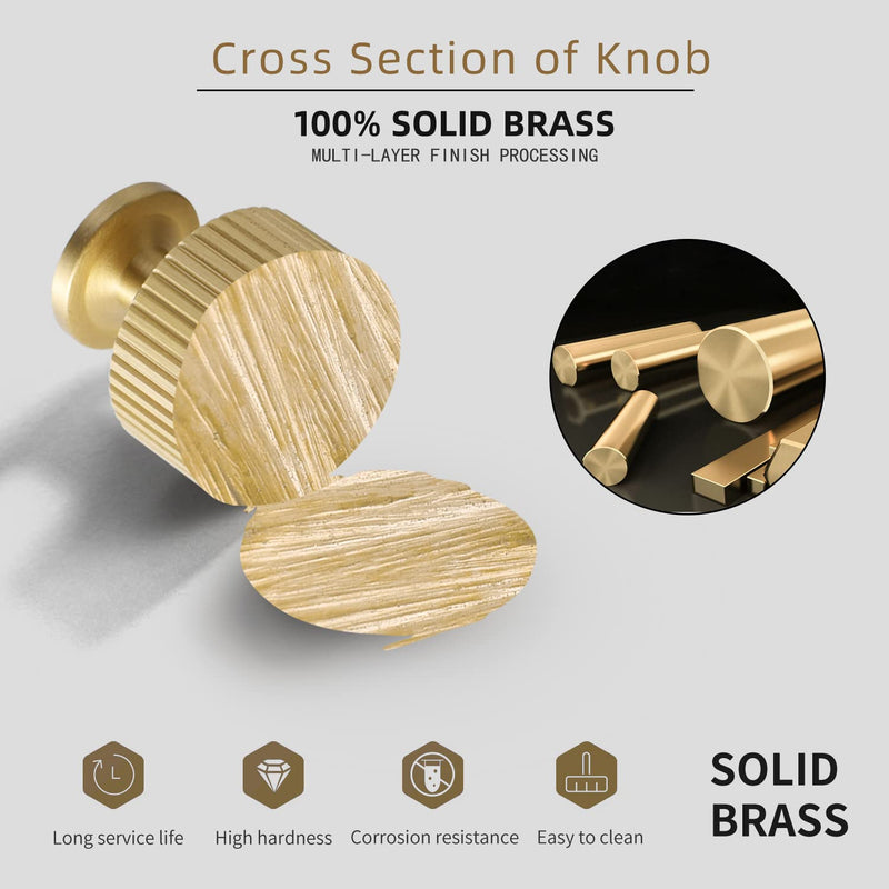 Brushed Gold Kitchen Cabinet Knob - Solid Brass Dresser Drawer Knob 6 Pack, Brass Handles for Bathroom Bedroom Closet Wardrobe,Furniture Hardware pulls Brushed Brass