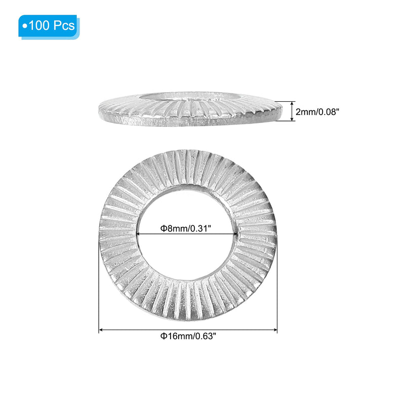 PATIKIL 304 Stainless Steel Flat Washers, 100 Pack M8x16mm Belleville Spring Disc Washer Conical Knurled Metric Gasket for Automotive Industrial Construction
