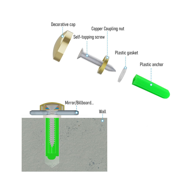 2 PCS 14mm(0.55") Mirror Screws, Brass Decorative Caps Cover Fasteners, Metal Mirror Nails, Polished Cambered Gold Lid