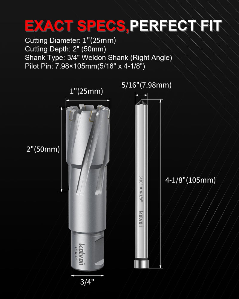Kolvoii TCT Annular Cutter, 1" Cutting Diameter x 2" Depth of Cut, 3/4" Weldon Shank, Mag Drill Bit with Pilot Pin and Hex Key, Fast Cutting for Stainless Steel, Cast Iron and Metal