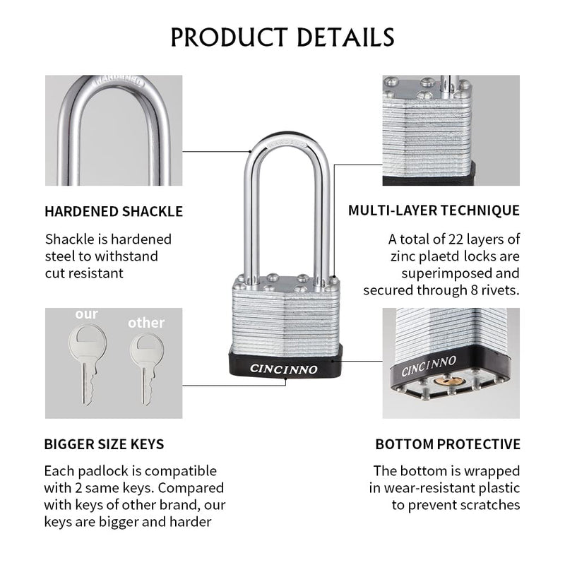 Laminated Steel Padlock with Key，6 Pack Keyed Alike Padlocks with Long Shackle 6 Pack