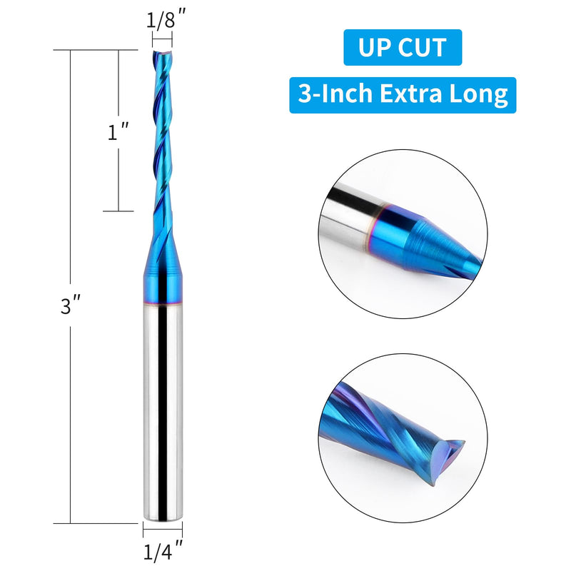 Upcut Spiral Router Bit 1/4 inch Shank, 1/8 inch Cutting Diameter, Extra Long 3 inch Solid Carbide with Nano Blue Coating CNC Router Bits End Mill for Wood Cut, Carving 3" OVL - Up Cut