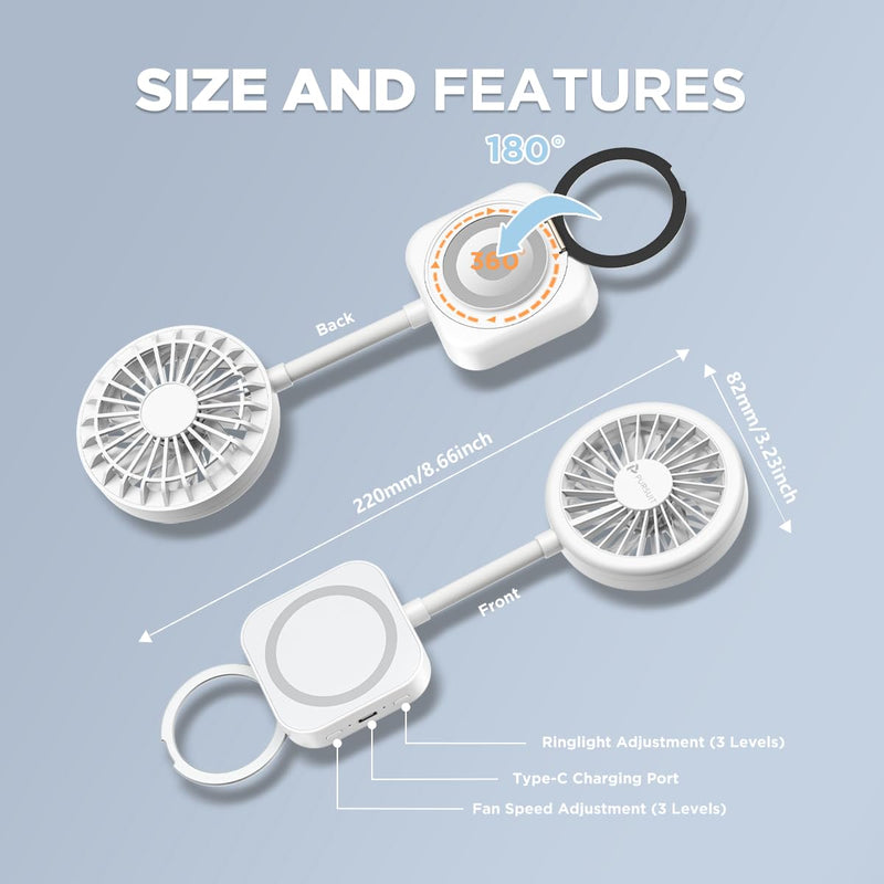 Magnetic Portable Fan Magsafe Compatible Mini Personal Fan with Adjustable Ring Light & Hands-Free Phone Mount, Ultra-Lightweight 6000RPM Powerful table fan for iPhone 17/16 pro, Desk, Car & Outdoor