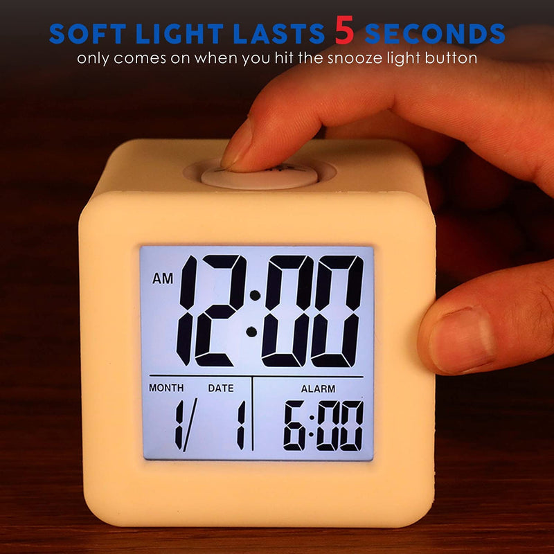 Plumeet Easy to Set Digital Travel Alarm Clock, Snooze Function, Soft Night Light, Large Screen time and Month and Date Display and Alarm, Progressive Sound Alarm and Handy Size (White) White
