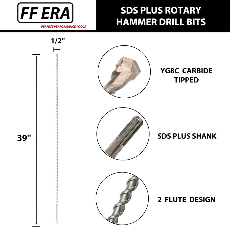 1/2 Inch x 39 Inch SDS Plus Rotary Hammer Drill Bit – U-Flute - Masonry Drill Bits with Carbide Tipped for Brick, Stone, Concrete (1/2'' x 39'') 1/2'' x 39''