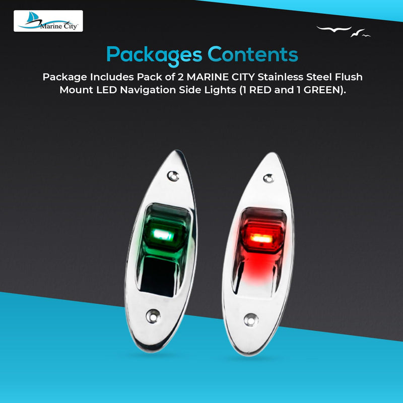 MARINE CITY 12V Flush Mount LED Navigation Lights - Red & Green, Stainless Steel, Waterproof for Boats, Yachts (Pack of 2)