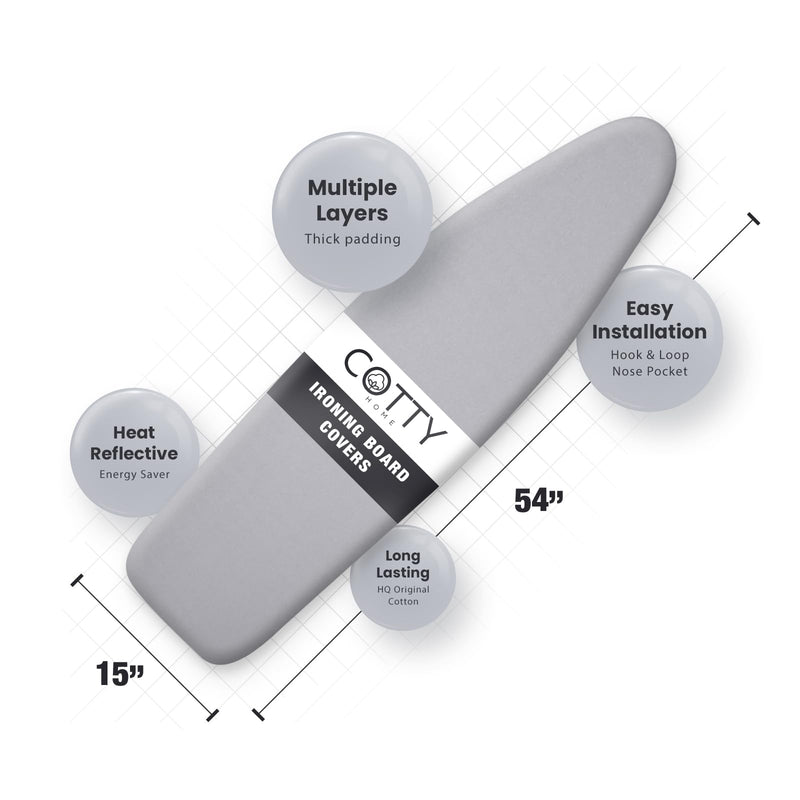 Extra Thick Ironing Board Covers with Pad Standard Size 15x54, Full Scorch Resistant Padding, Heat Reflective Silicone Coating, Durable Nose Pocket Fastener Straps Elastic Edges, Gray