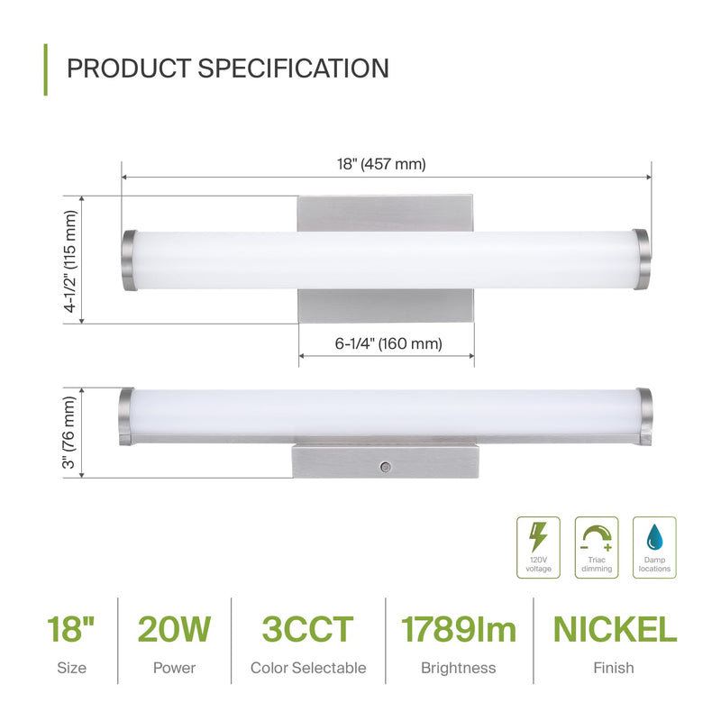 ASD LED 18 Inch Wall Mount Vanity Lighting Fixture | 20W 1500LM 3000K-5000K 120V | 3CCT, Dimmable, Energy Star, ETL Listed | Bathroom Linear Light Bar, Long Tube Bath Sconce | Nickel Brushed Nickel (1pk)