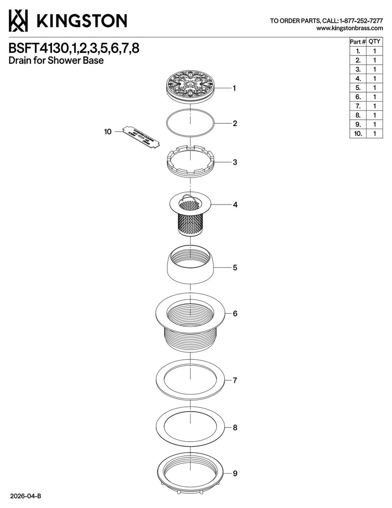 Kingston BSFT4138 4-1/4" Brass Round Grid Shower Base Drain, Brushed Nickel