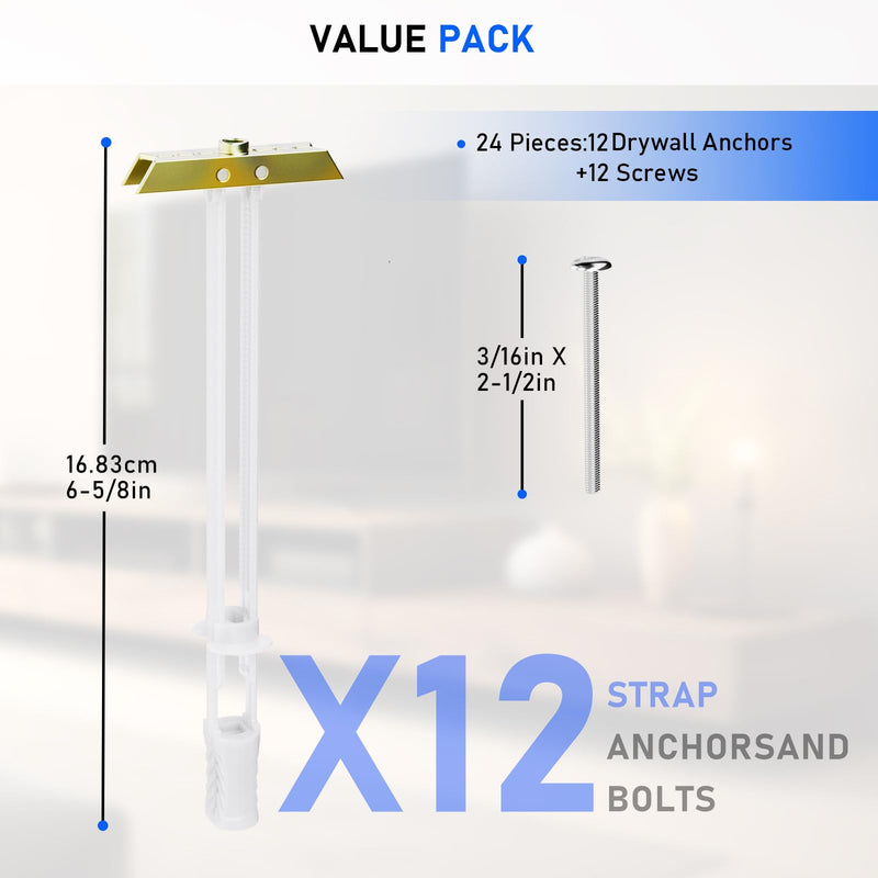 Drywall Anchor with Included Bolts for 3/16”-24, Heavy Duty Hollow Drywall Anchors for TV Mounting Kit, Strong Hollow Wall Anchors Holds up to 240lbs Each in 1/2” Drywall, 12 Packs Pack of 12