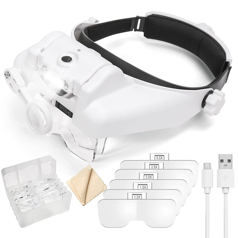 Headband Magnifying Glass with Light, Rechargeable Head Magnifying Glasses 1X to 14X, Magnifier Headset with 6 Detachable Lens, Hands Free Head Mount Magnifier for Close Work Jewelry Crafts 1x-14x Head Mount Magnifier