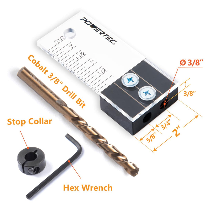 POWERTEC 71716 Dowel Drilling Jig with laser cut witness mark, included depth scale, Cobalt M-35 Drill Bit and Split Ring Stop Collar, 3/8-Inch 3/8" Dowel Drilling Jig