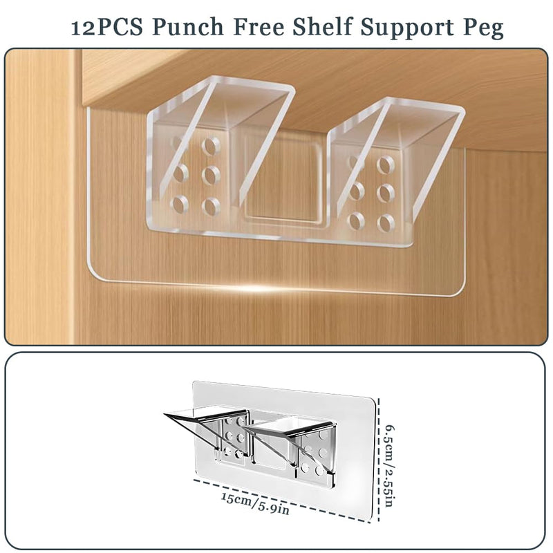 12 Pcs Punch Free Shelf Support Peg，Self Adhesive Support Shelf Bracket，Strong Load Bearing for Shelves Kitchen Cabinet Book Closet