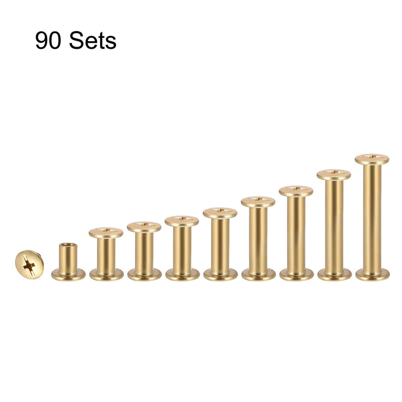 uxcell 9 Sizes Phillips Screw Post Fit for 3/16"(5mm) Hole Dia, Male M4x5mm Binding Bolts Leather Album Fastener Kit Gold Tone 90 Sets