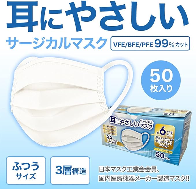 Ear-friendly surgical mask, non-woven fabric, 17.5cm, JIS standard, ear straps 6mm, normal to slightly large, normal size (50 pieces) - NewNest Australia