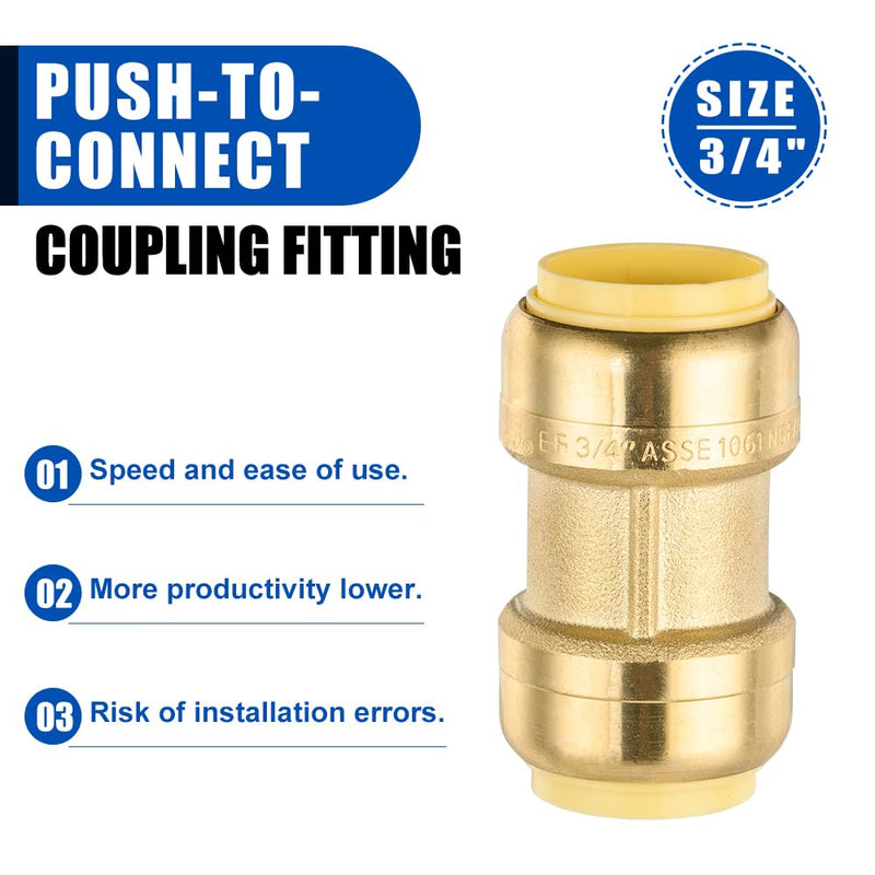 10Pcs Pro EFIELD 3/4" Push-fit Straight Coupling Brass Fittings(PF008-10) 3/4-Inch P10