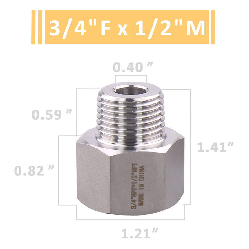 Forged Reducer Adapter Fitting - Stainless Steel 304 Reducing Pipe Connector, 3/4" NPT Female x 1/2" NPT Male (pack of 2) 3/4" Female x 1/2" Male Pack of 2