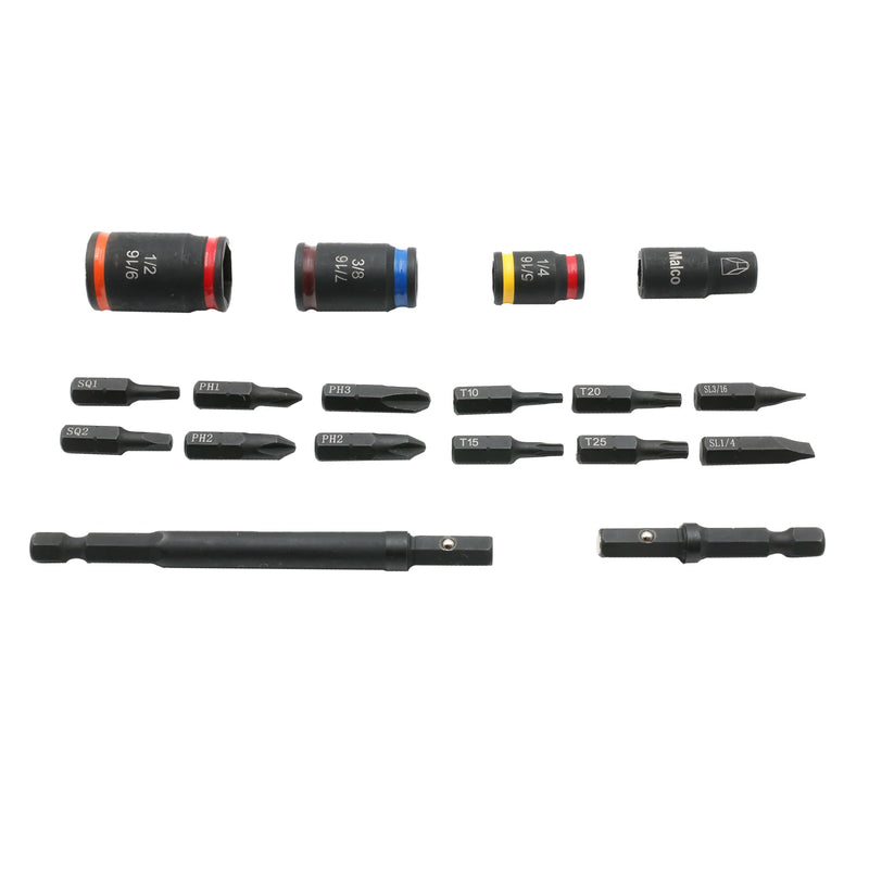Malco KITCRB C-RHEX Socket Install Kit with Premium Case -Cleanable Reversible Hex Sizes (1/4"-9/16"), 2 Magnetic Shafts, 12 Impact-Rated Bits