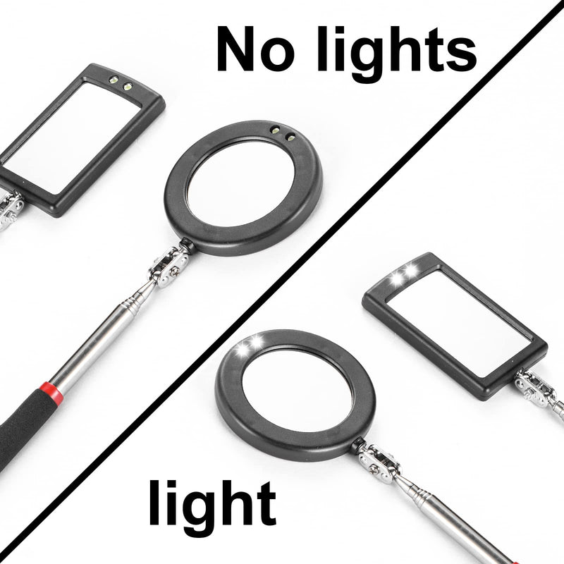 4PCS Telescoping Inspection Mirror LED Lighted Inspection Mirror for Mechanic Checking Vehicle, Car, Eyelashes, Mouth, Small Parts Observation (Extendable, Rectangle & Round)