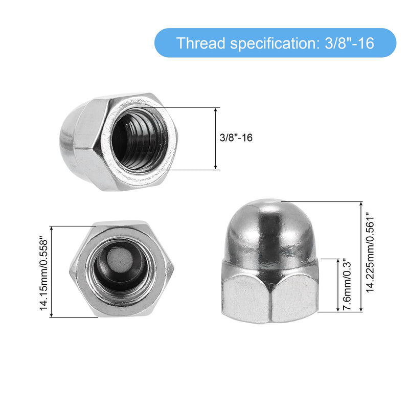 uxcell 3/8"-16 Acorn Cap Nuts, 20Pcs 316 Stainless Steel Dome Cap Head Acorn Nut Hardware Nuts for Bolt Cover, Silvery 20