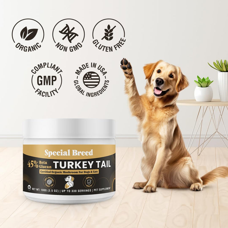 Organic Turkey Tail Mushroom for Dogs and Cats, 45% Beta Glucan Standardized, Hot Water Extracted Whole Fruiting Body, Third Party Tested, Immune and Gut Support, No Fillers, Made in USA, 330 ct 3.5oz